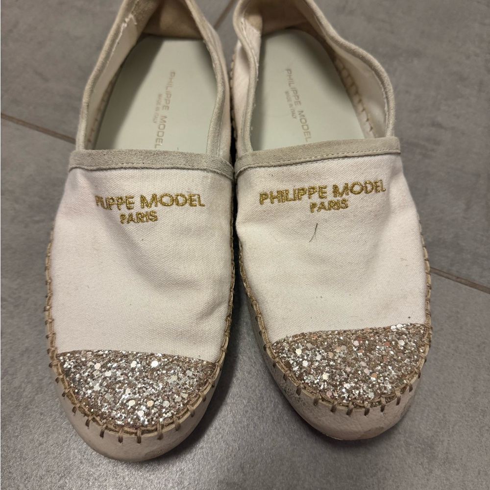 Philippe Model Women's Glitter Espadrilles - Cream and Gold